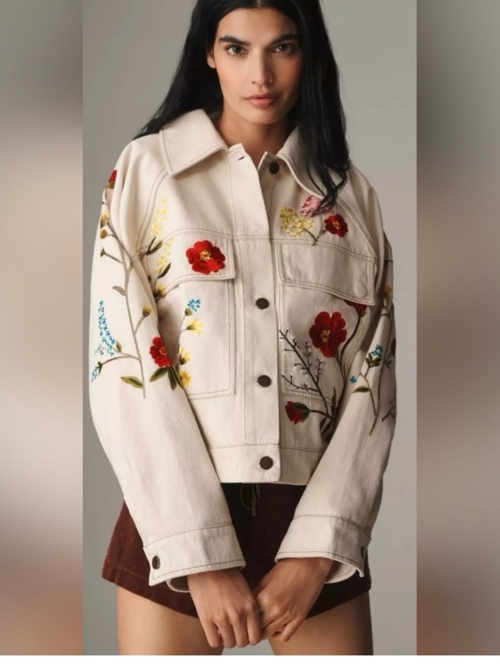 Anthropologie Cream Denim Jacket with Multicolor Floral Embroidery